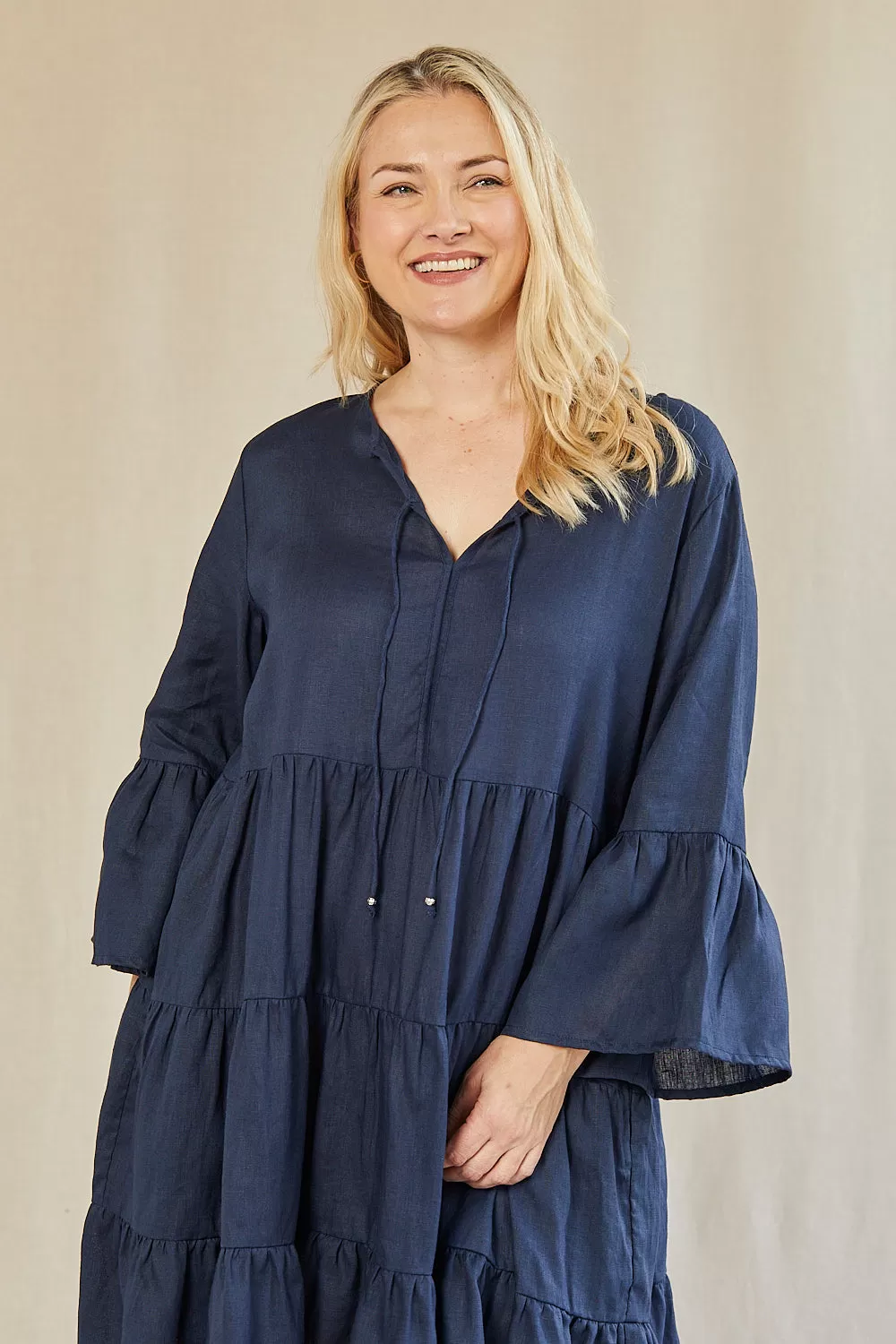 Scout Tiered Linen Dress in Navy