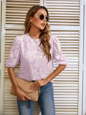 Short Sleeve O Neck Blouse Top - Pink Purple