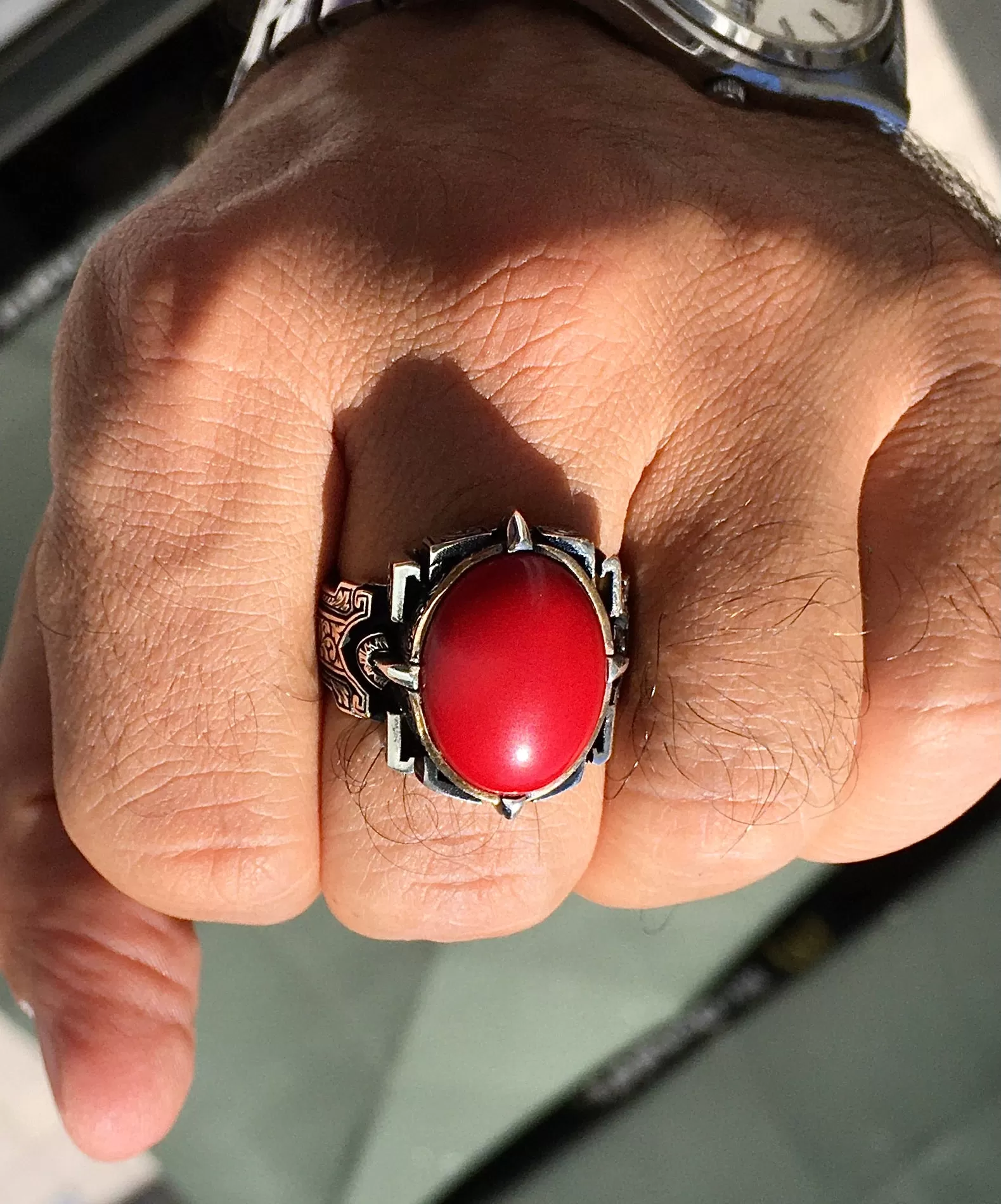 Silver Men's Ring natural Red Coral Turkish Artisan Handmade Jewelry