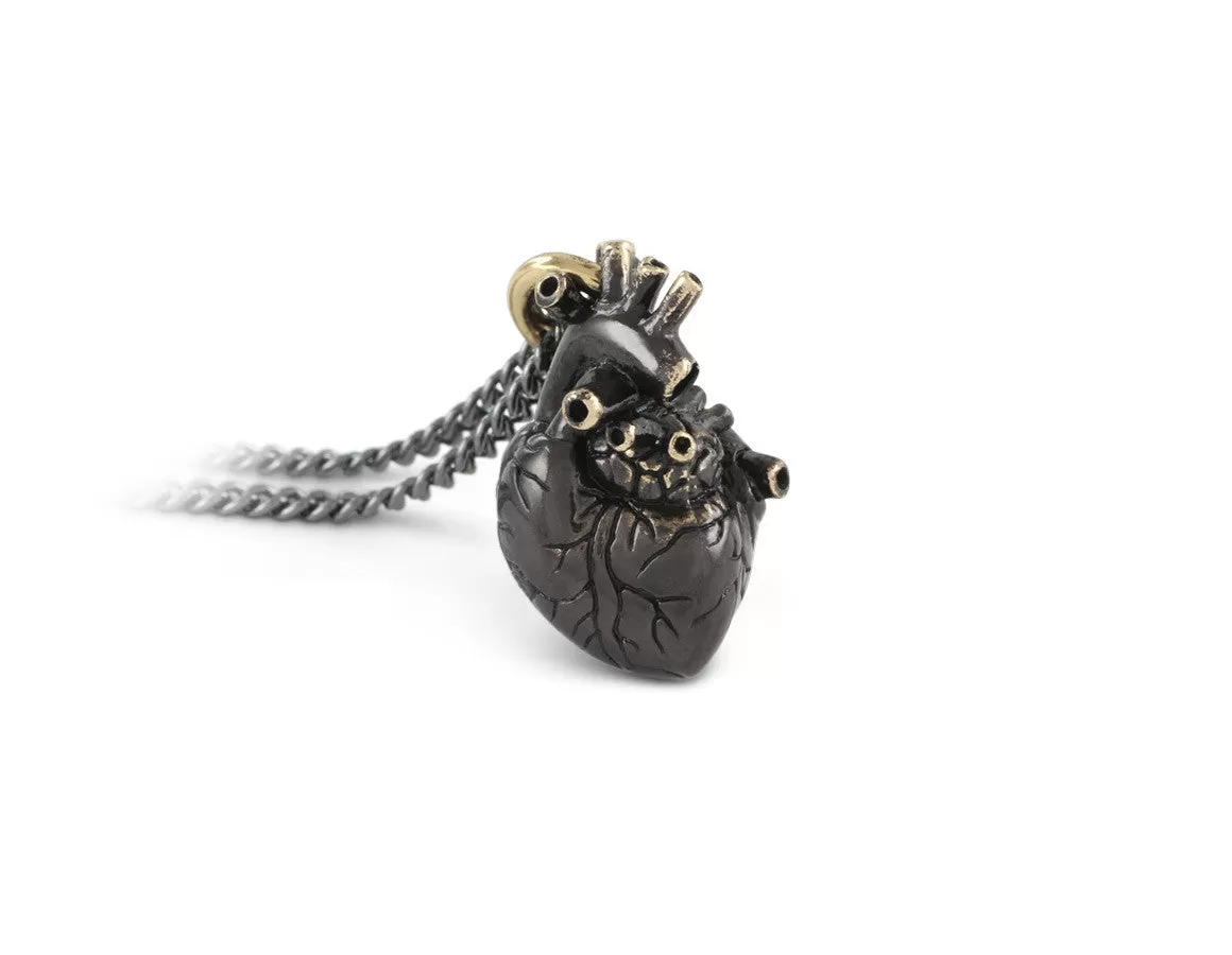 Small Black Anatomical Heart Necklace - Bronze