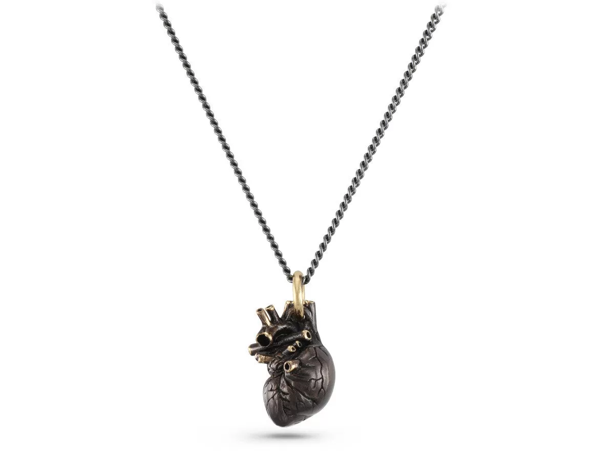 Small Black Anatomical Heart Necklace - Bronze