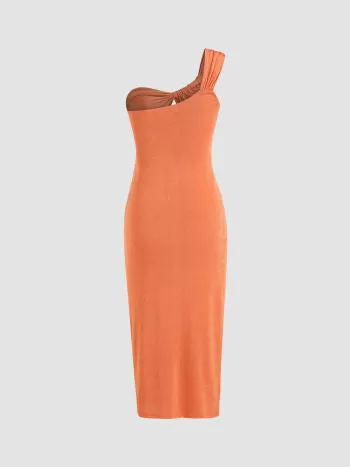 Solid one shoulder midi dress in orange