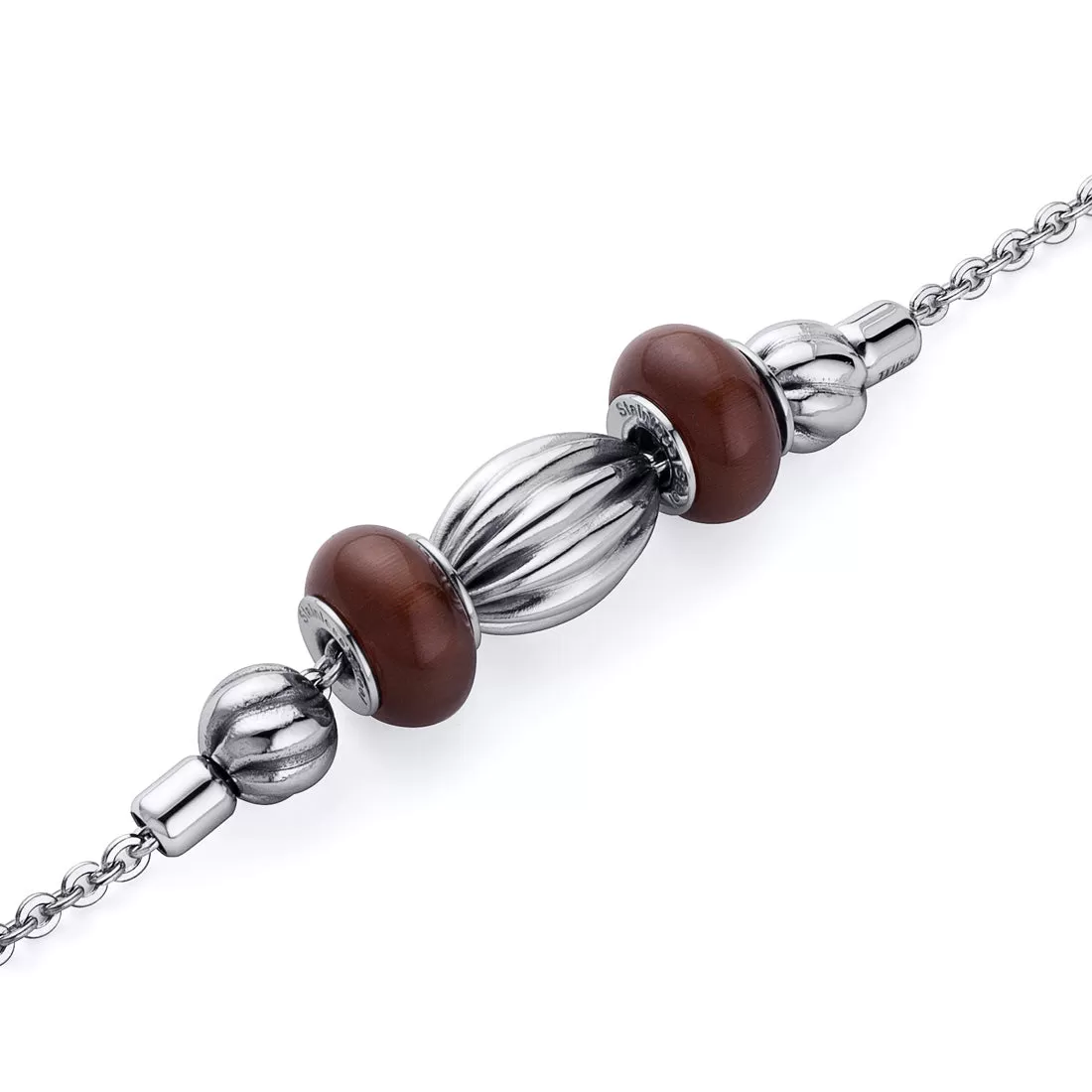 Stainless Steel Bracelet Brown Polished Charm Beads, 7.25 inches