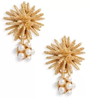 Starburst pearl cluster drop clip-on earrings