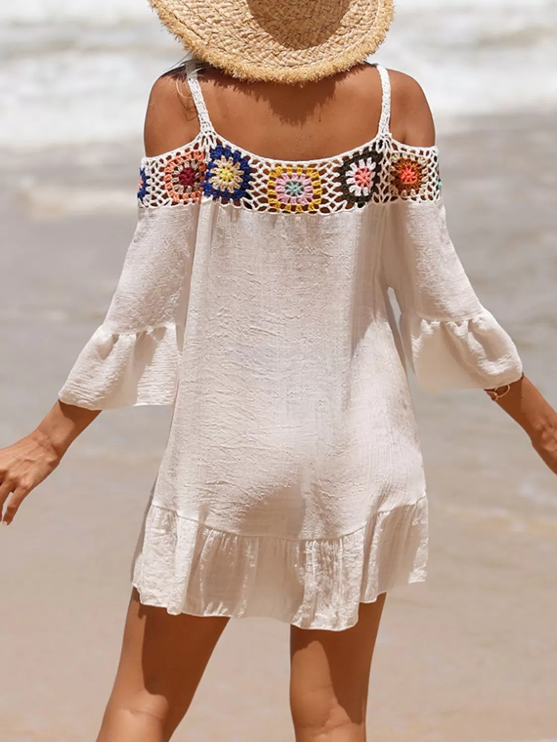 Sunset Vacation  Crochet Cold Shoulder Three-Quarter Sleeve Beach Cover Up