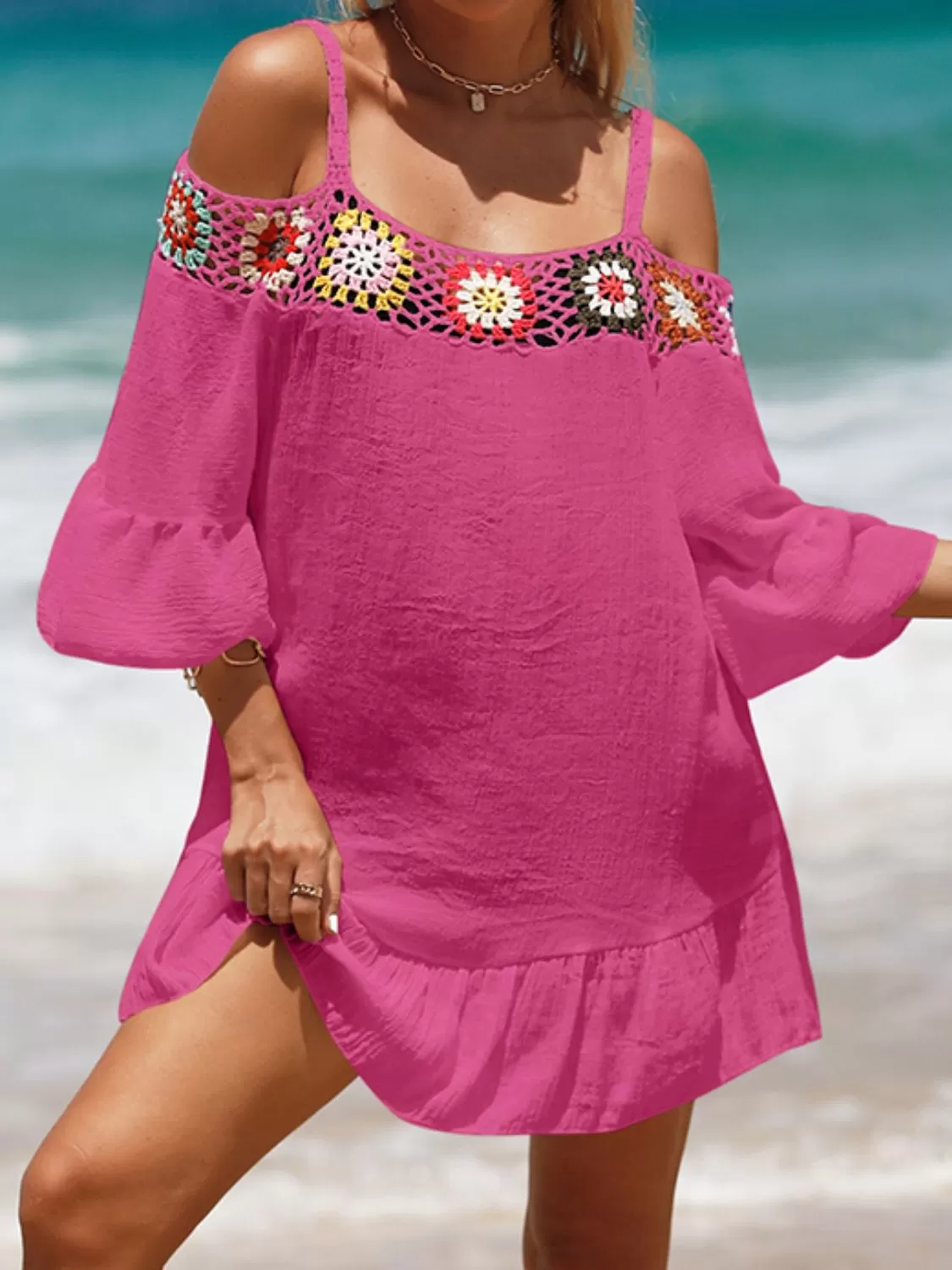 Sunset Vacation  Crochet Cold Shoulder Three-Quarter Sleeve Beach Cover Up