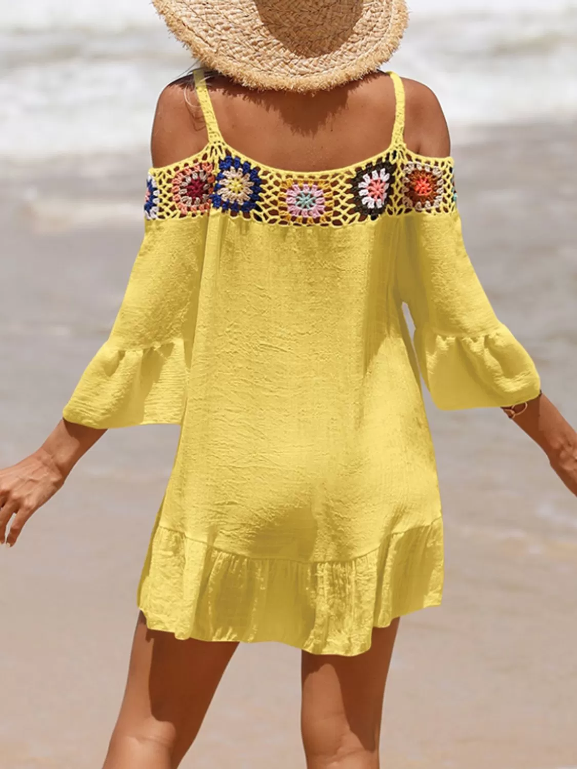 Sunset Vacation  Crochet Cold Shoulder Three-Quarter Sleeve Beach Cover Up