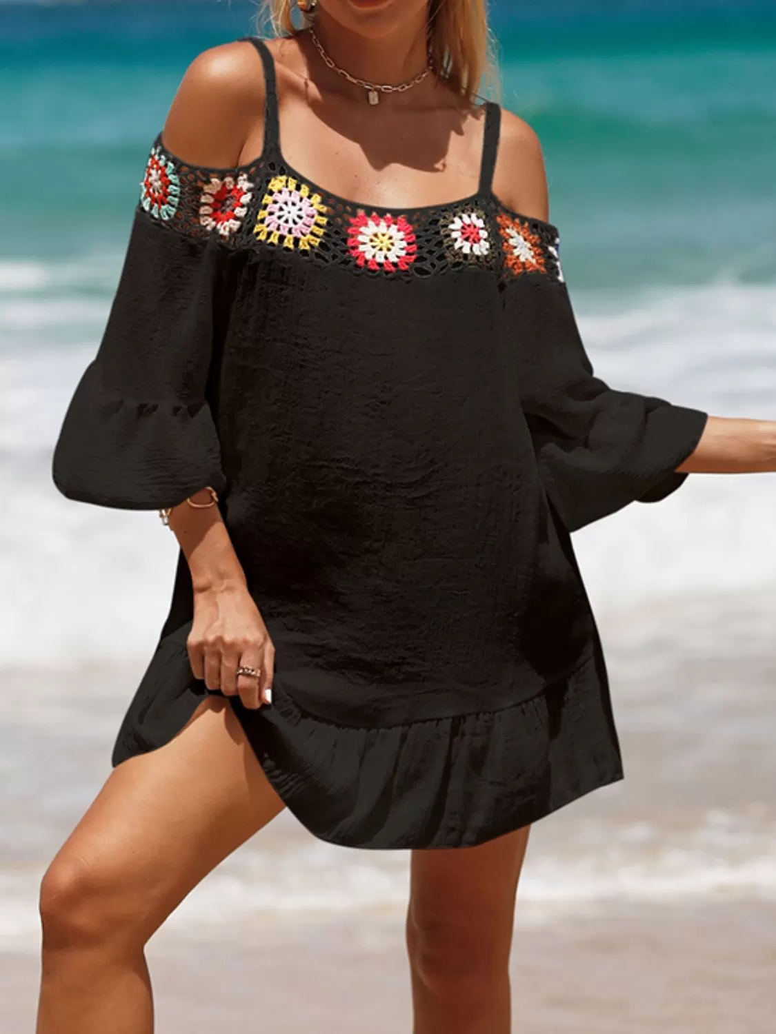 Sunset Vacation  Crochet Cold Shoulder Three-Quarter Sleeve Beach Cover Up