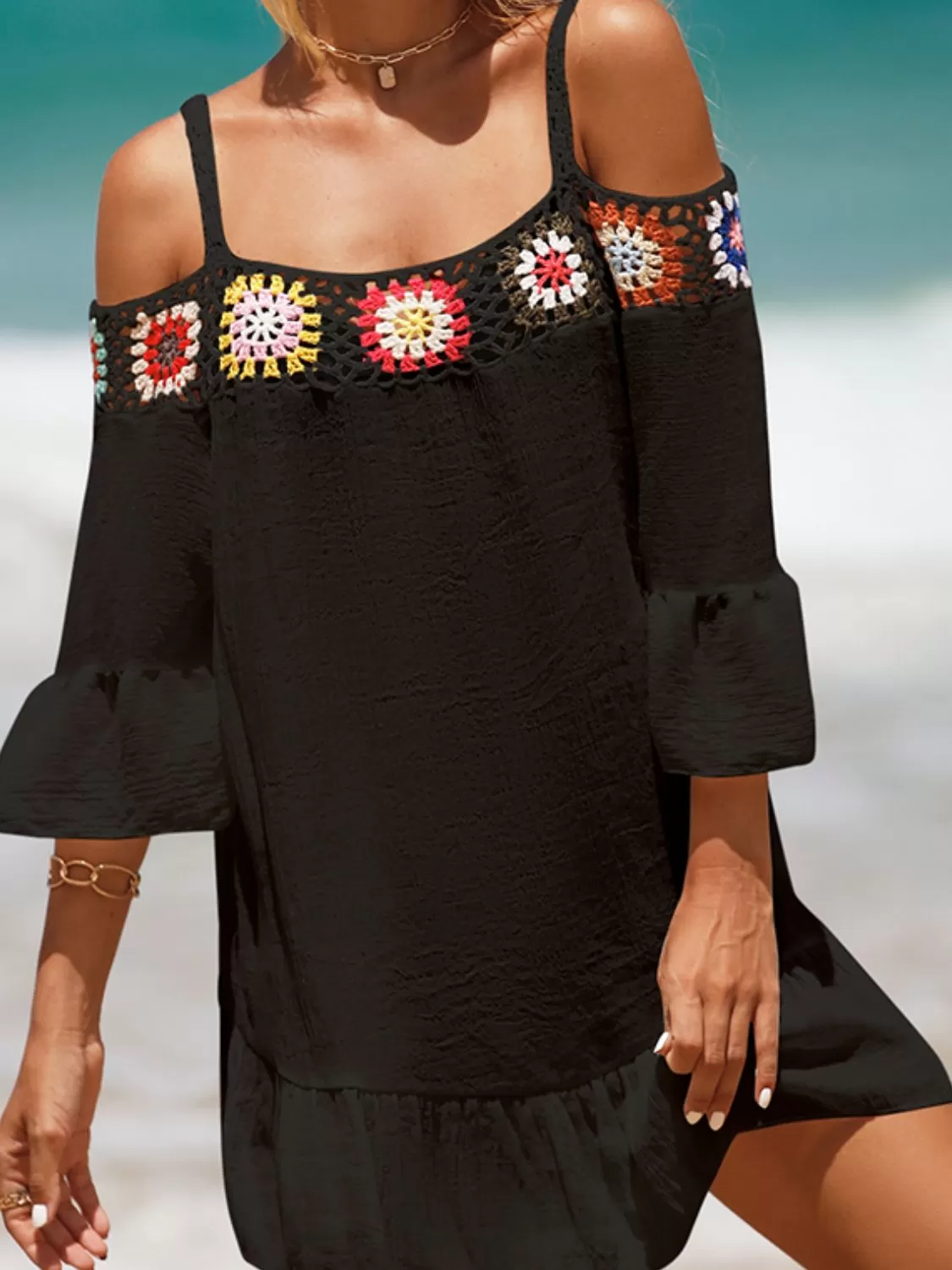 Sunset Vacation  Crochet Cold Shoulder Three-Quarter Sleeve Beach Cover Up