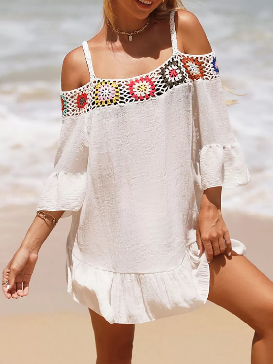 Sunset Vacation  Crochet Cold Shoulder Three-Quarter Sleeve Beach Cover Up