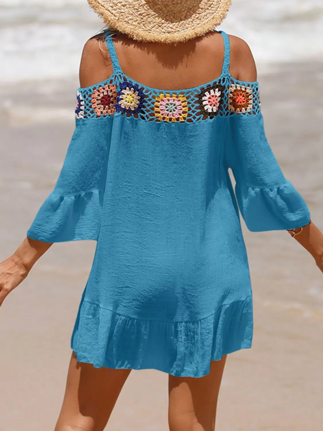 Sunset Vacation  Crochet Cold Shoulder Three-Quarter Sleeve Beach Cover Up