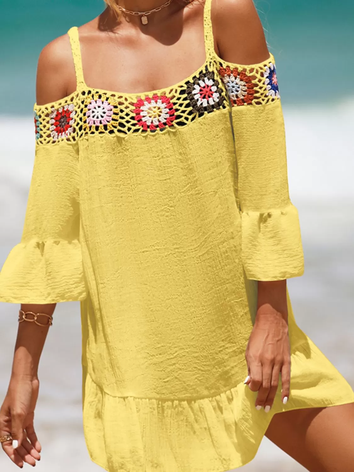 Sunset Vacation  Crochet Cold Shoulder Three-Quarter Sleeve Beach Cover Up