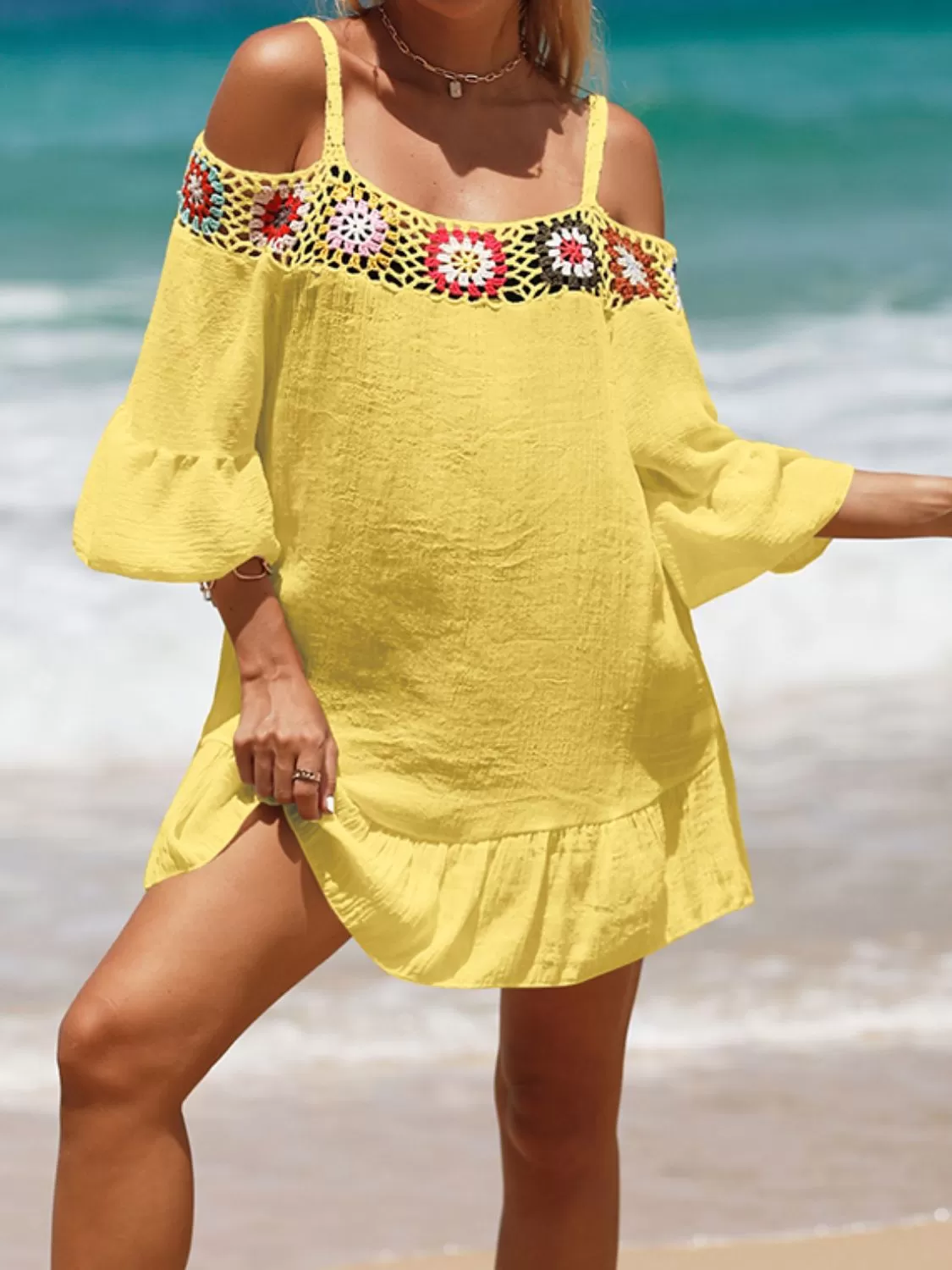 Sunset Vacation  Crochet Cold Shoulder Three-Quarter Sleeve Beach Cover Up