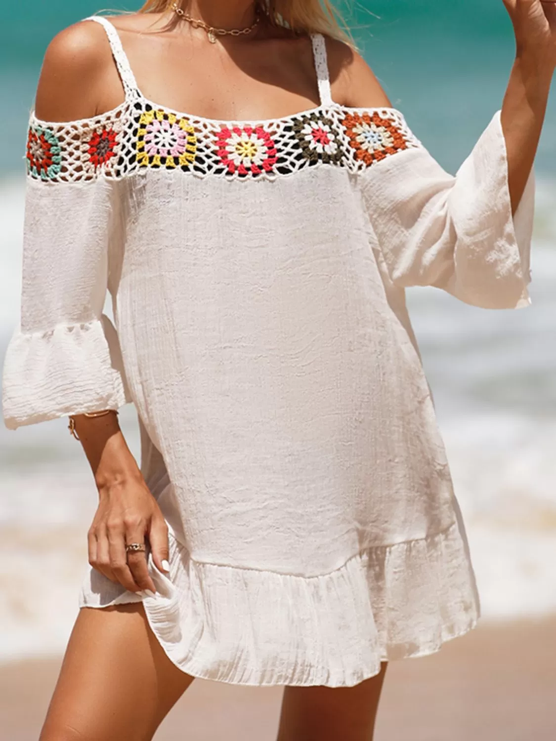 Sunset Vacation  Crochet Cold Shoulder Three-Quarter Sleeve Beach Cover Up