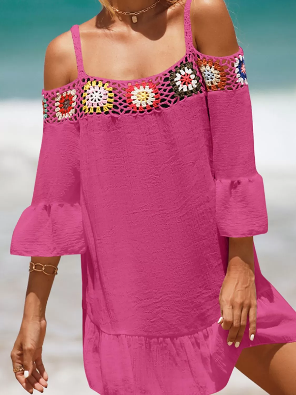 Sunset Vacation  Crochet Cold Shoulder Three-Quarter Sleeve Beach Cover Up