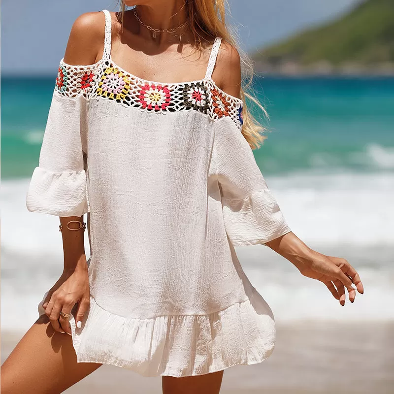 Sunset Vacation  Crochet Cold Shoulder Three-Quarter Sleeve Beach Cover Up