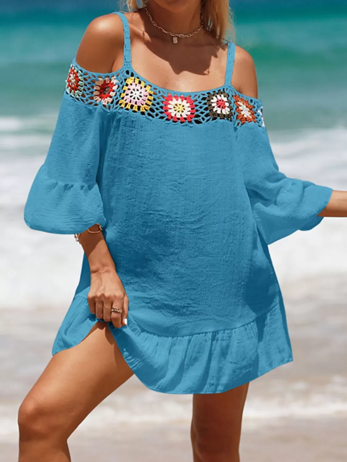 Sunset Vacation  Crochet Cold Shoulder Three-Quarter Sleeve Beach Cover Up