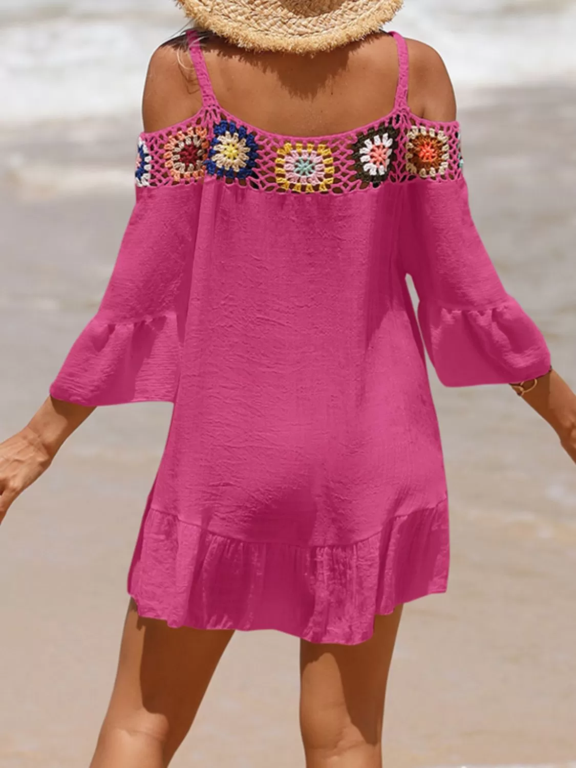 Sunset Vacation  Crochet Cold Shoulder Three-Quarter Sleeve Beach Cover Up