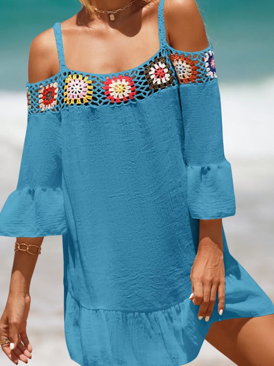 Sunset Vacation  Crochet Cold Shoulder Three-Quarter Sleeve Beach Cover Up