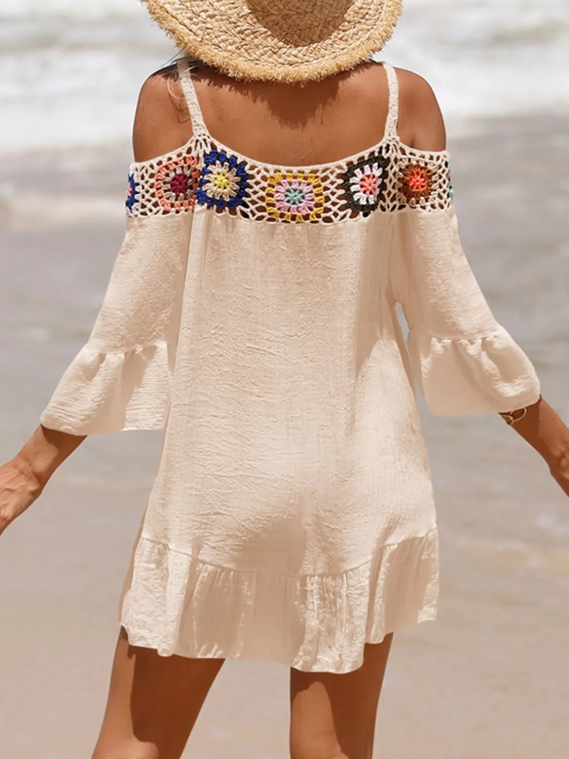 Sunset Vacation  Crochet Cold Shoulder Three-Quarter Sleeve Beach Cover Up