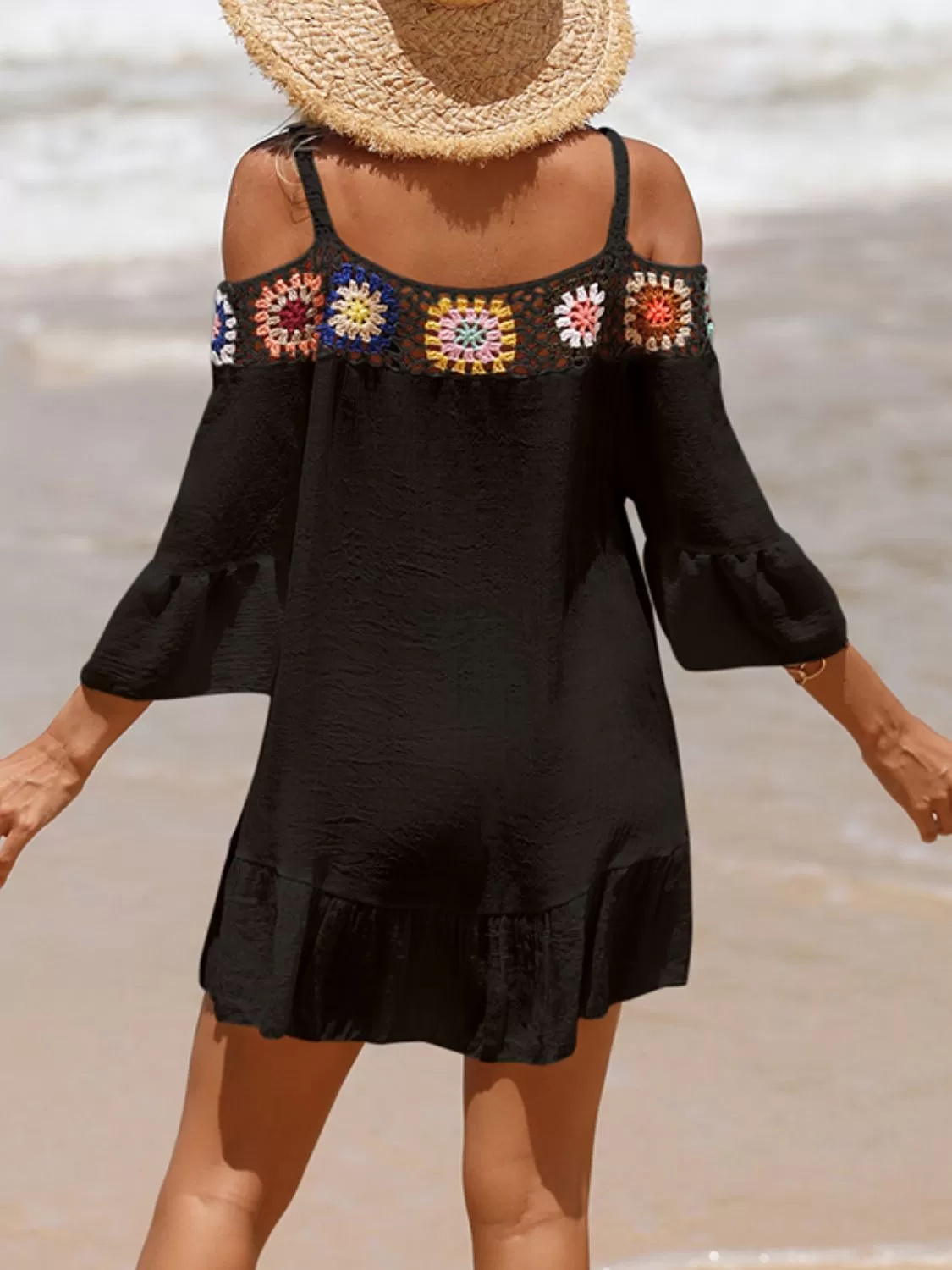 Sunset Vacation  Crochet Cold Shoulder Three-Quarter Sleeve Beach Cover Up