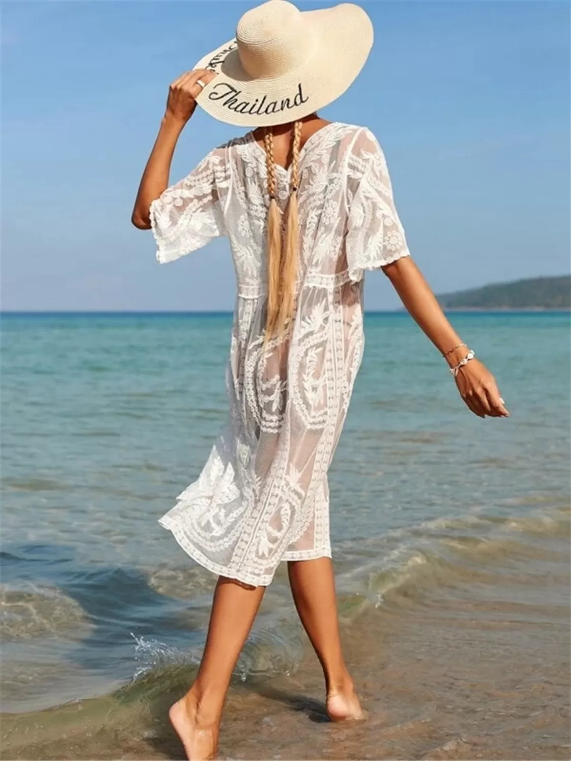 Sunset Vacation  Tied Open Front Half Sleeve Beach Cover Up