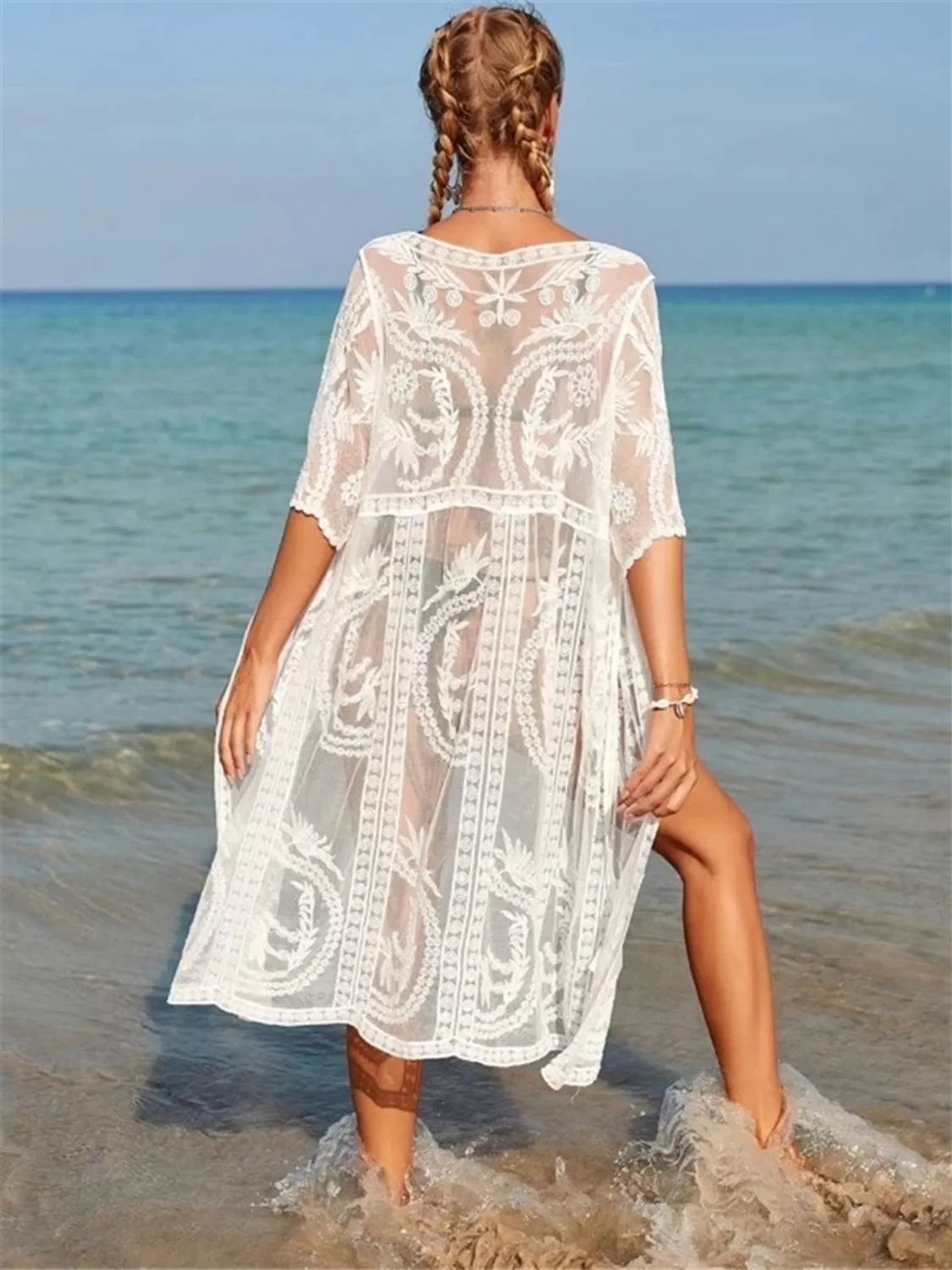 Sunset Vacation  Tied Open Front Half Sleeve Beach Cover Up