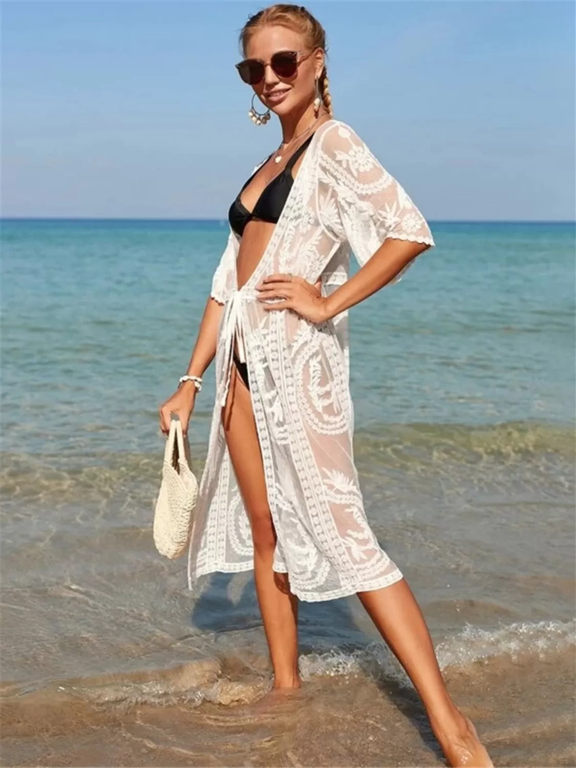 Sunset Vacation  Tied Open Front Half Sleeve Beach Cover Up