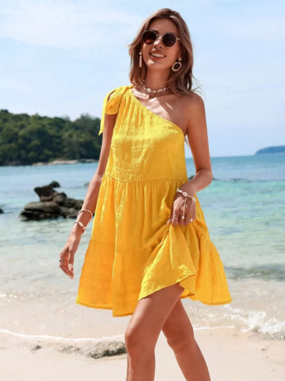 Sunset Vacation Tied Single Shoulder Mini Dress