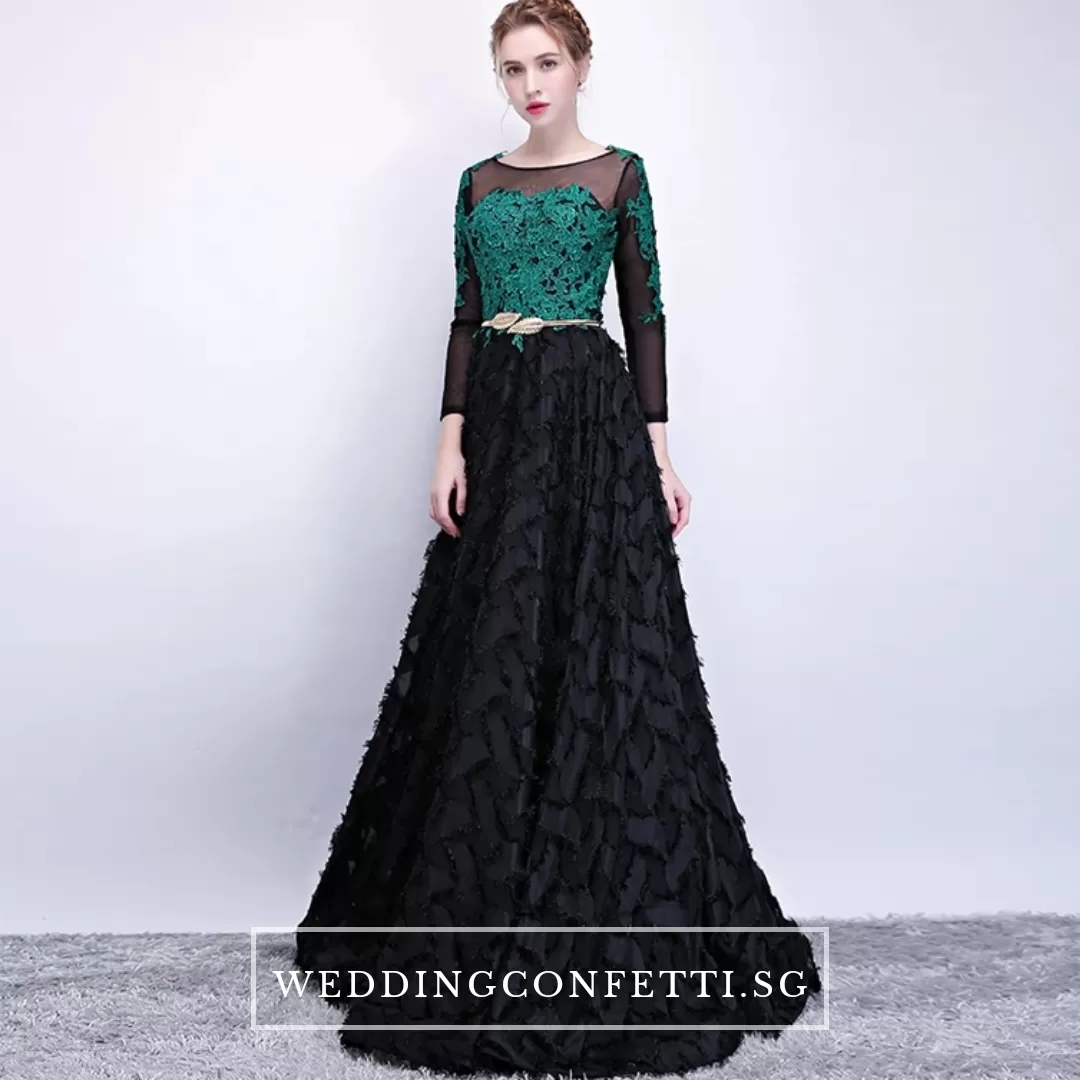 The Kistina Floral Lace Black and Green Illusion Long Sleeves Gown