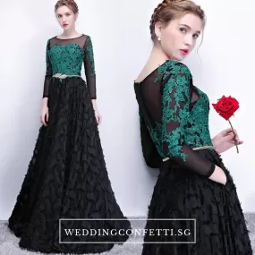 The Kistina Floral Lace Black and Green Illusion Long Sleeves Gown