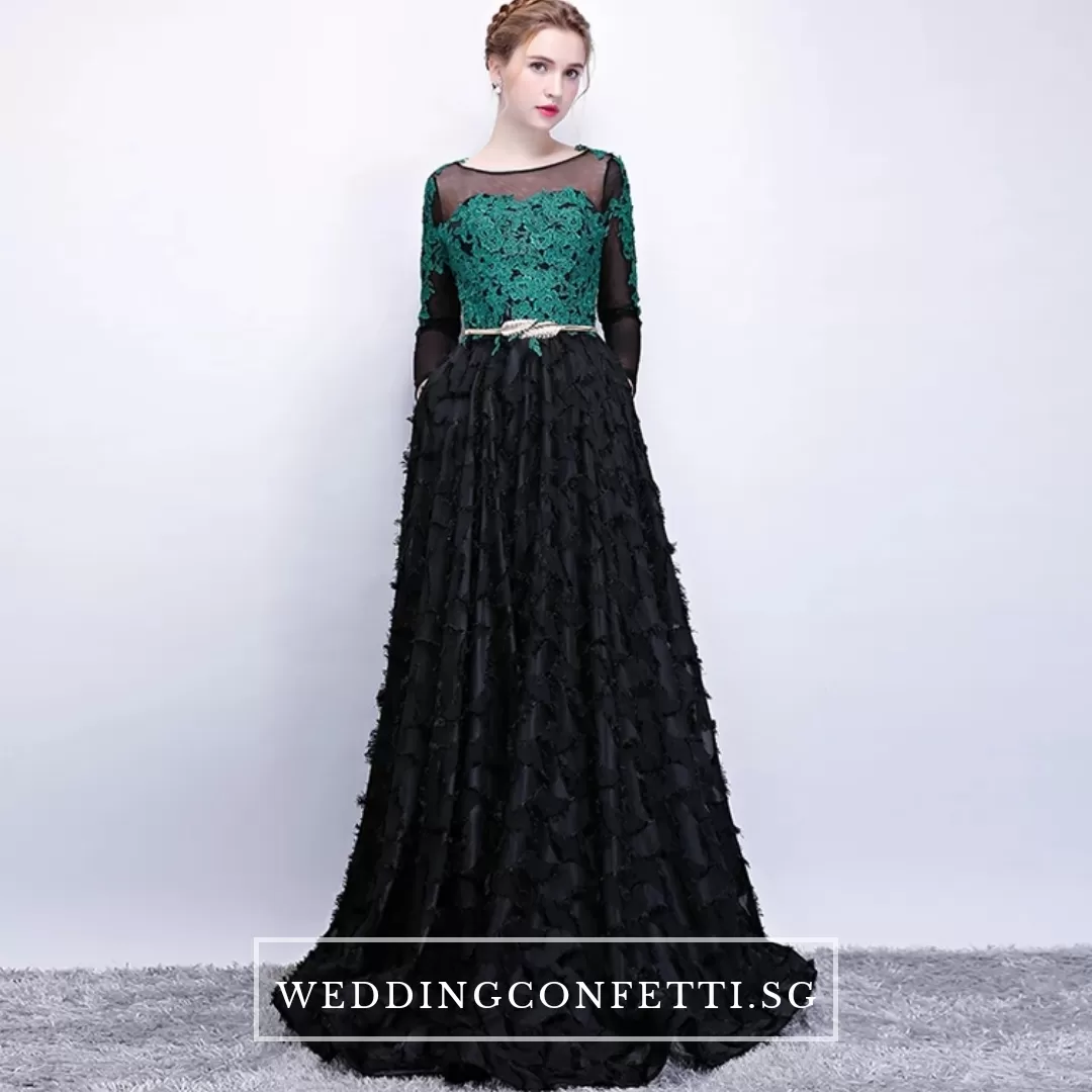 The Kistina Floral Lace Black and Green Illusion Long Sleeves Gown