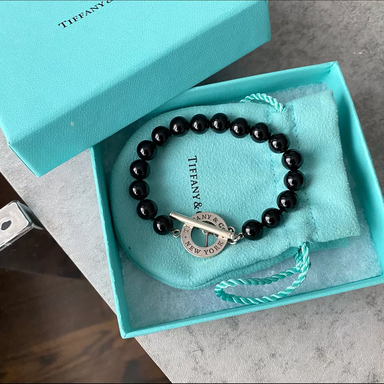 Tiffany & Co.  Black Bead and Sterling Toggle Bracelet