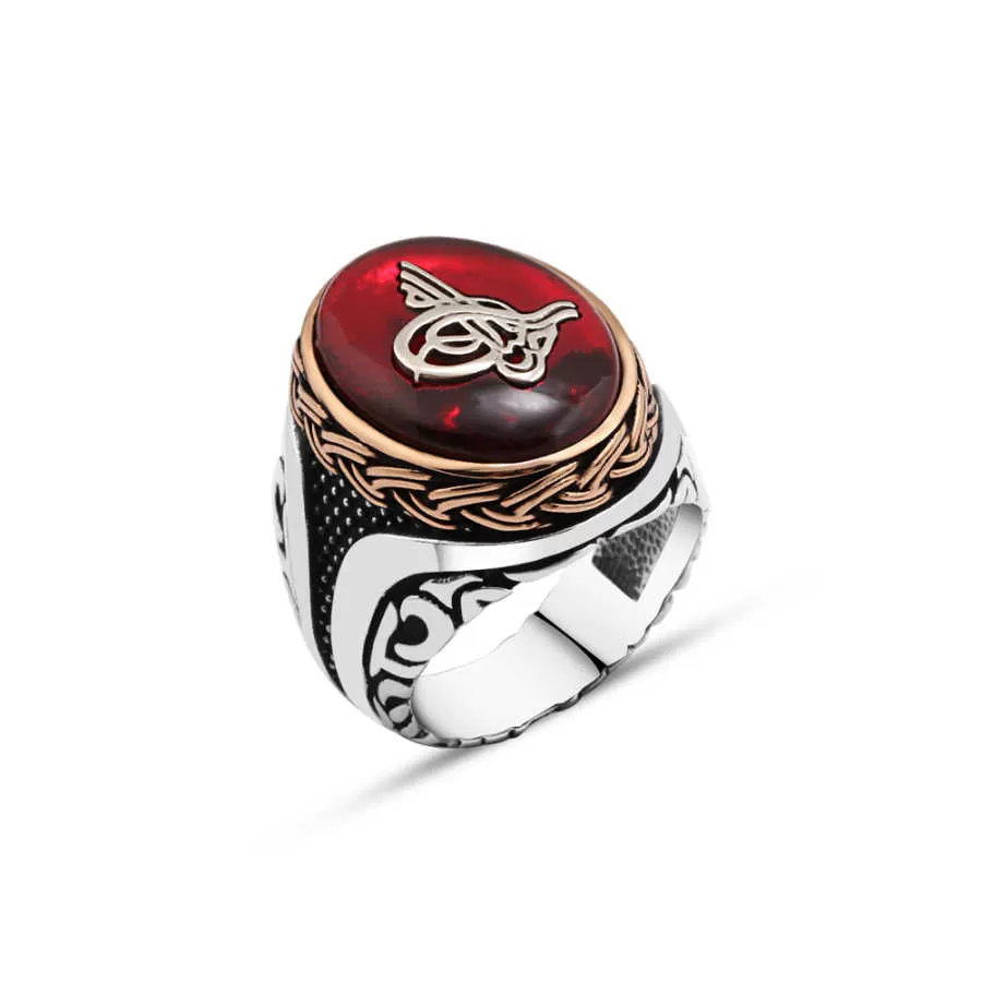 Tughra on Red Ellipse Synthetic Amber Stone Silver Men's Ring with Braid Style Around