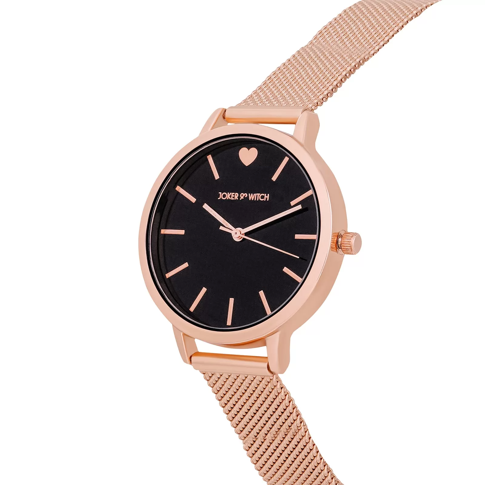 Twelve O'Heart Black Dial Rosegold Mesh Strap Watch