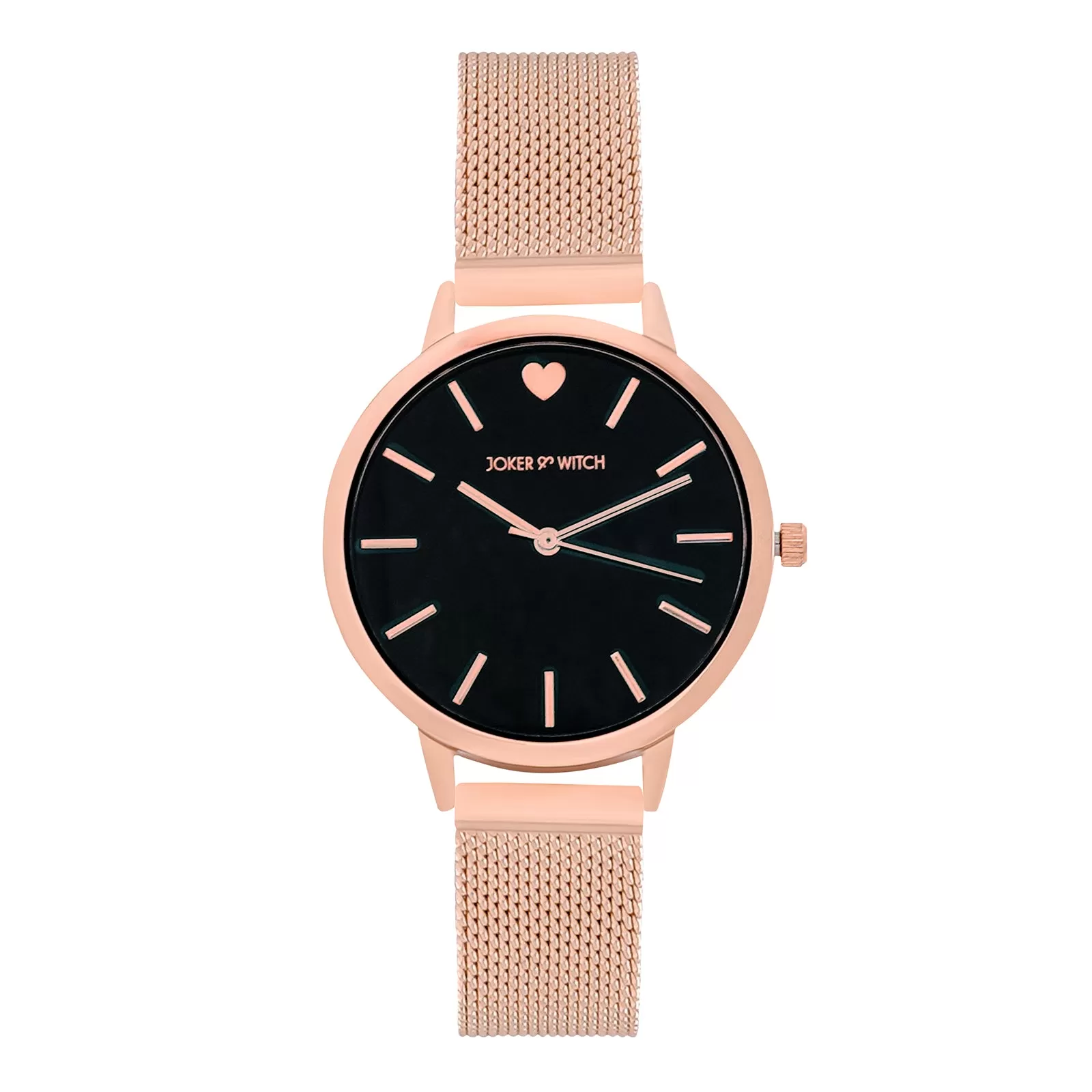 Twelve O'Heart Black Dial Rosegold Mesh Strap Watch