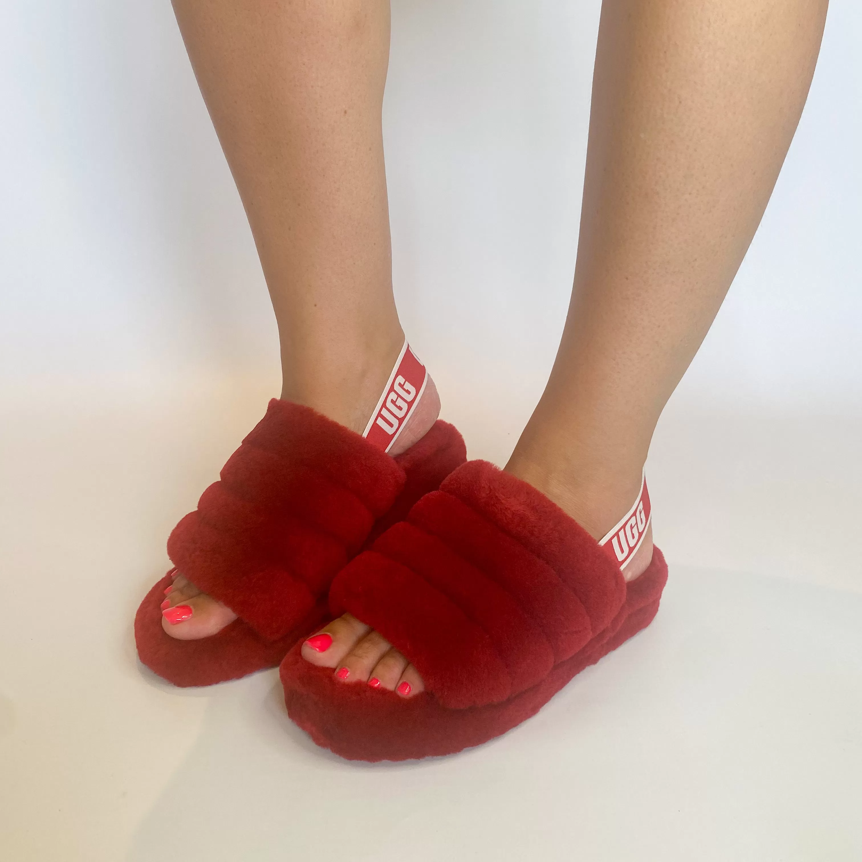 UGG red fluff yeah slide