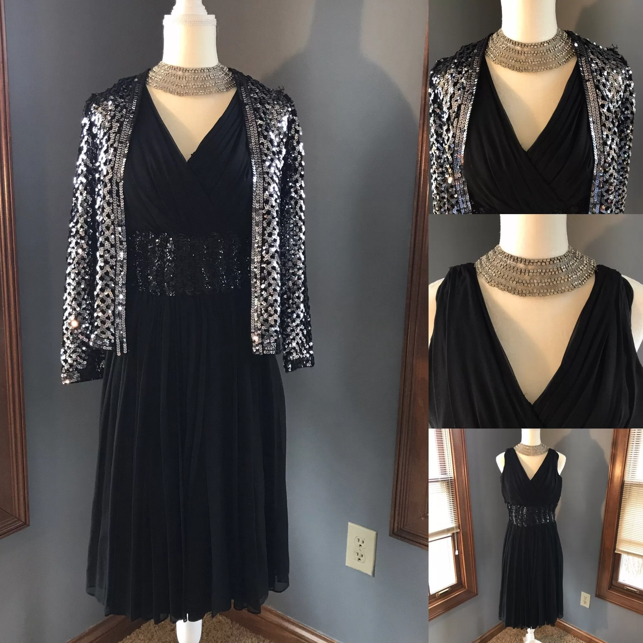 Vintage 1950s Black Chiffon Fit and Flare Dress with Sequin Waist. Perfect for Prom.