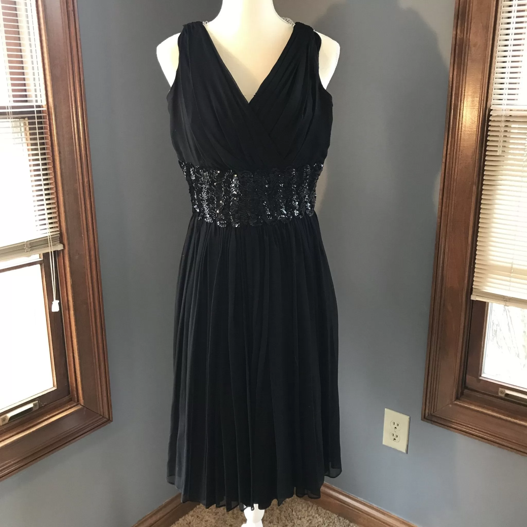 Vintage 1950s Black Chiffon Fit and Flare Dress with Sequin Waist. Perfect for Prom.