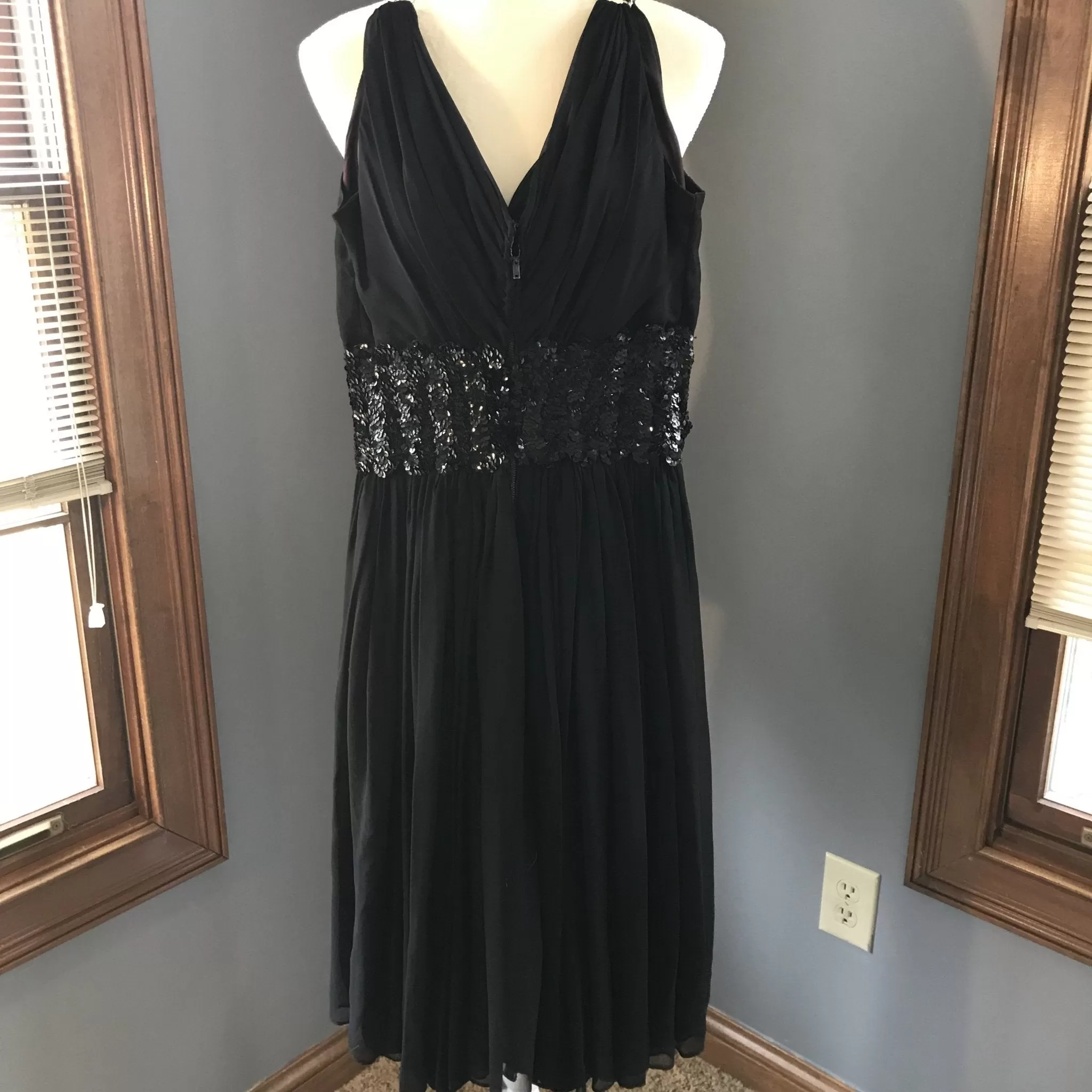 Vintage 1950s Black Chiffon Fit and Flare Dress with Sequin Waist. Perfect for Prom.