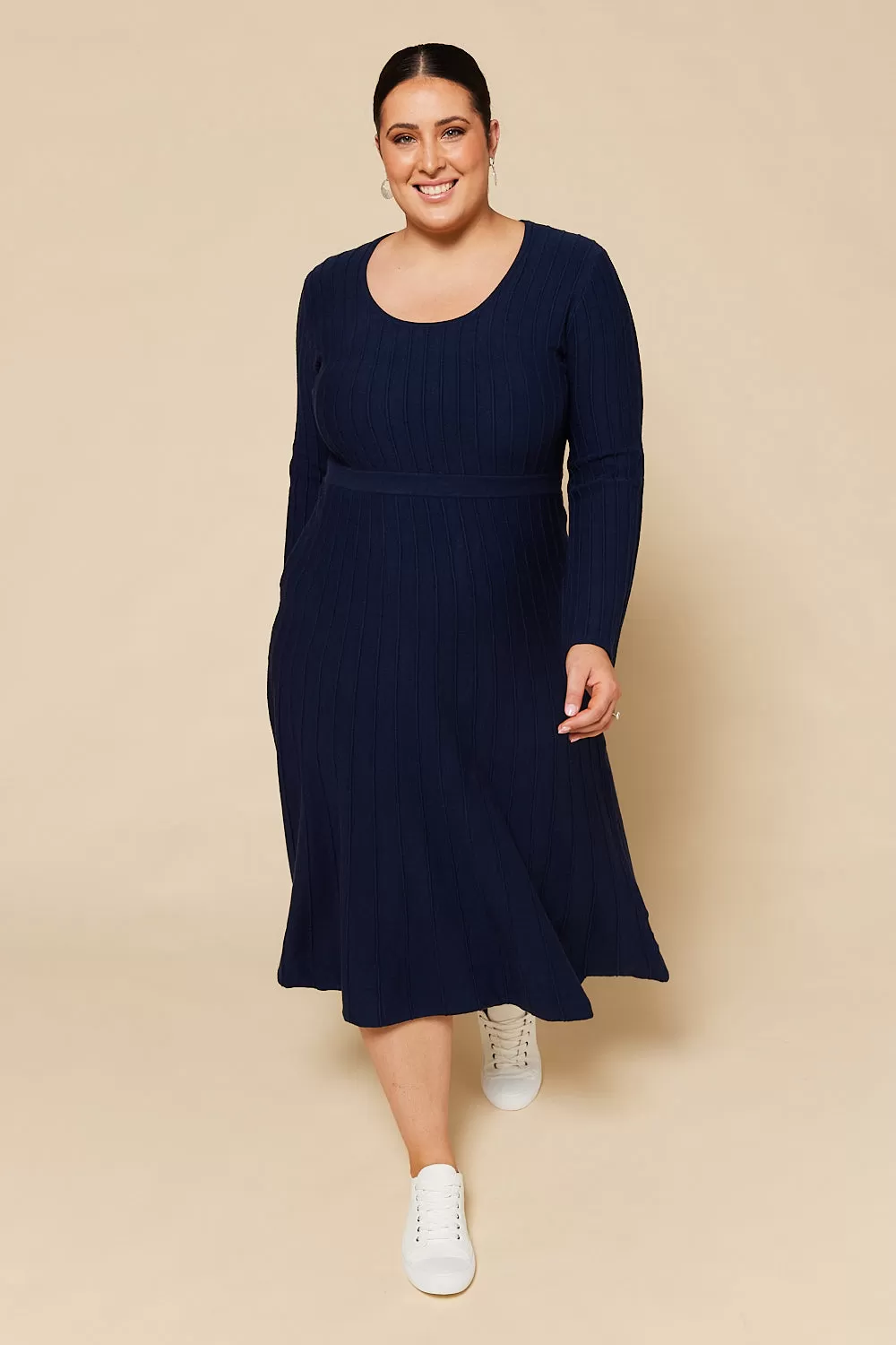 Waisted Knitted Dress in Navy