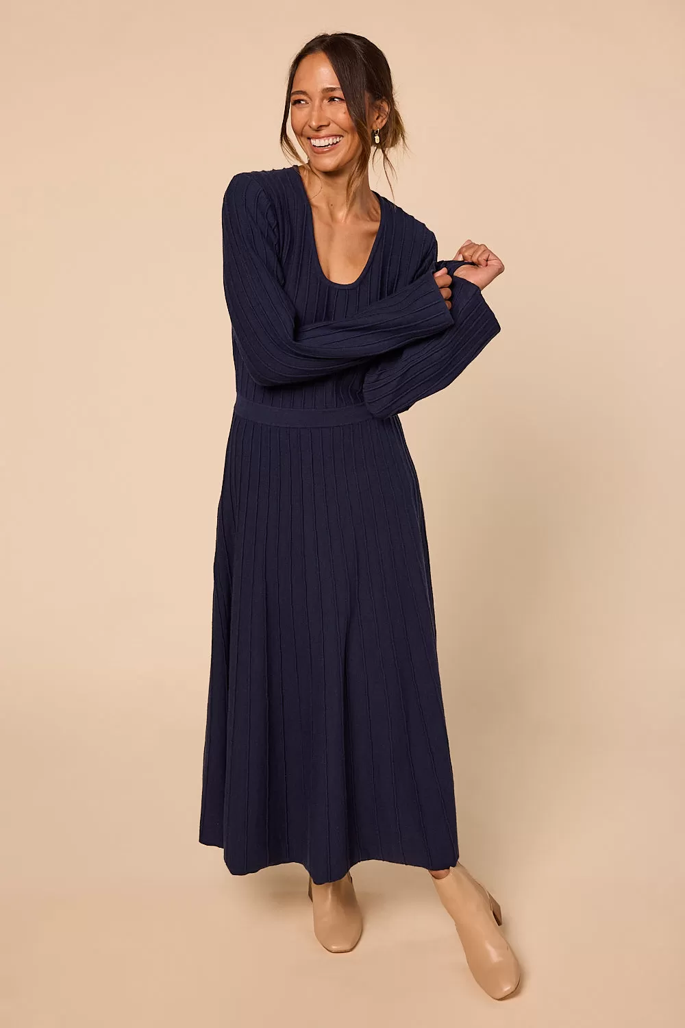 Waisted Knitted Dress in Navy