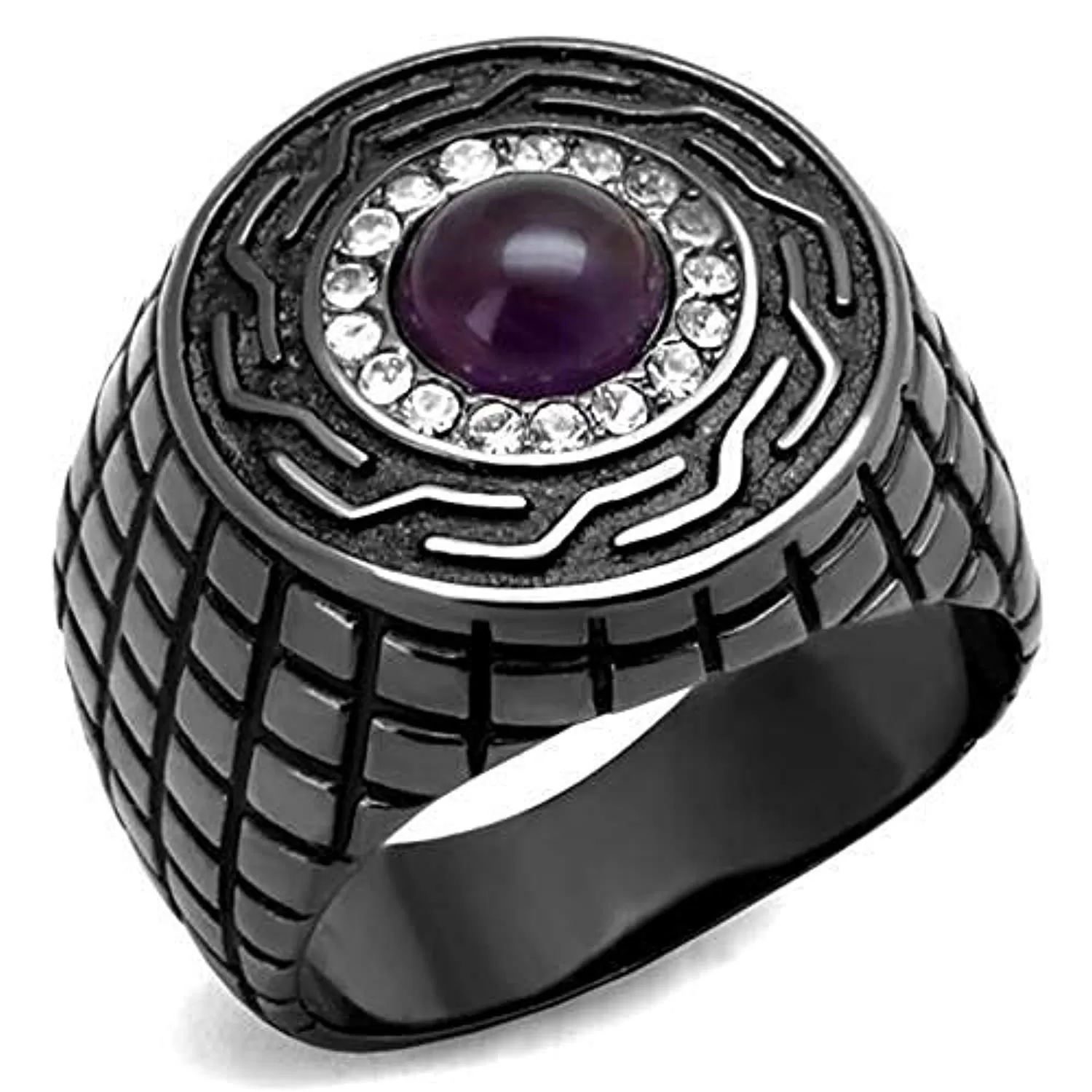 WildKlass Stainless Steel Ring IP Light Black (IP Gun) Men Semi-Precious Amethyst