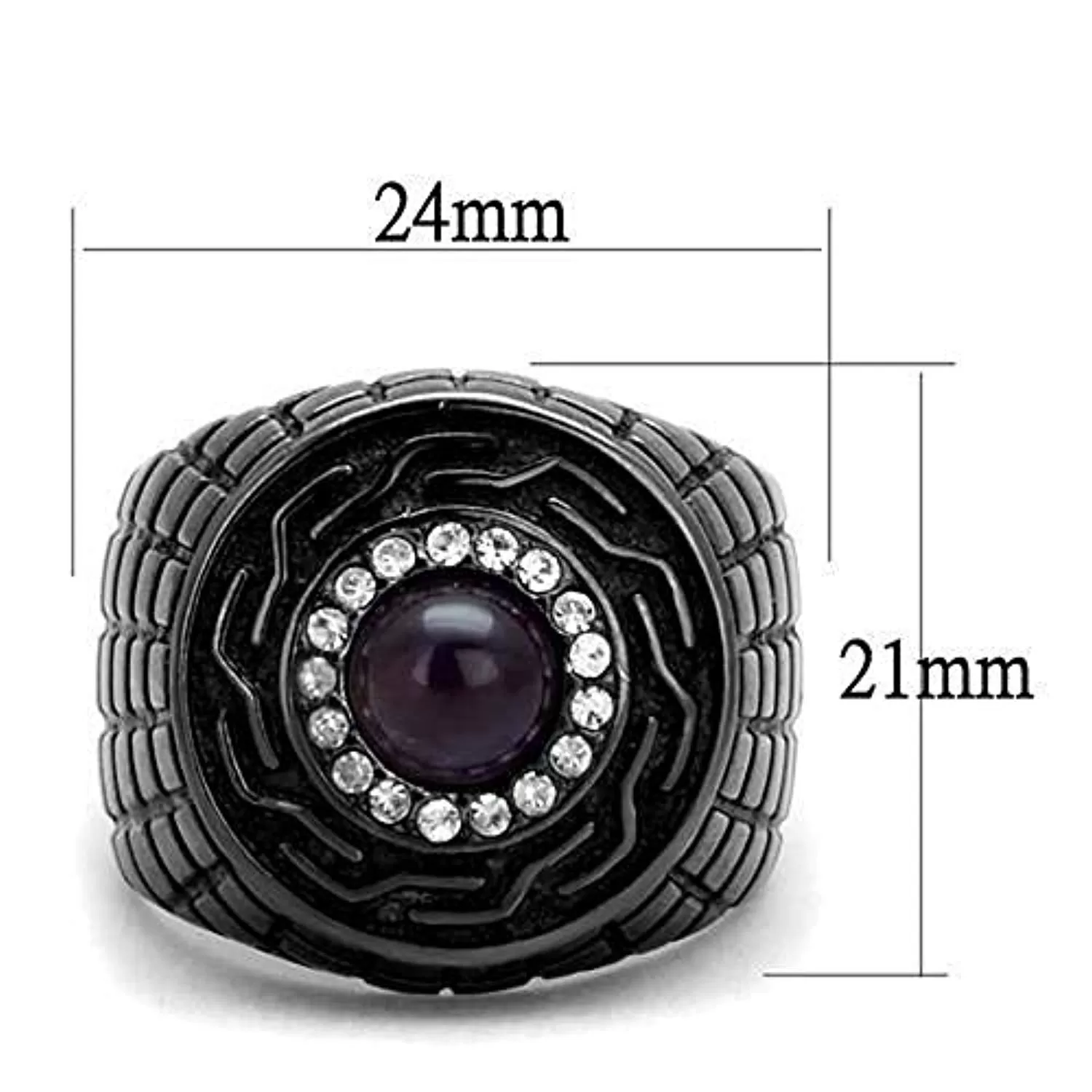 WildKlass Stainless Steel Ring IP Light Black (IP Gun) Men Semi-Precious Amethyst