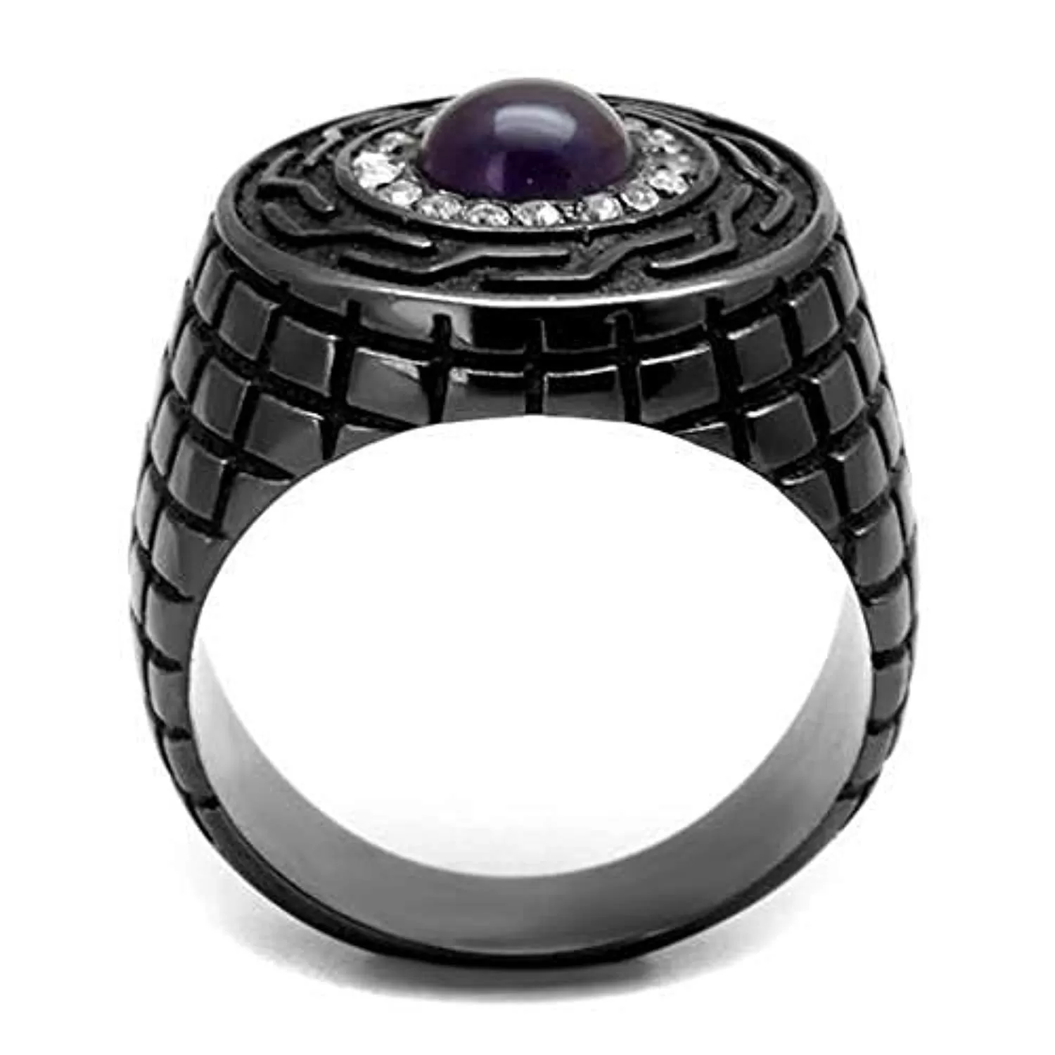 WildKlass Stainless Steel Ring IP Light Black (IP Gun) Men Semi-Precious Amethyst