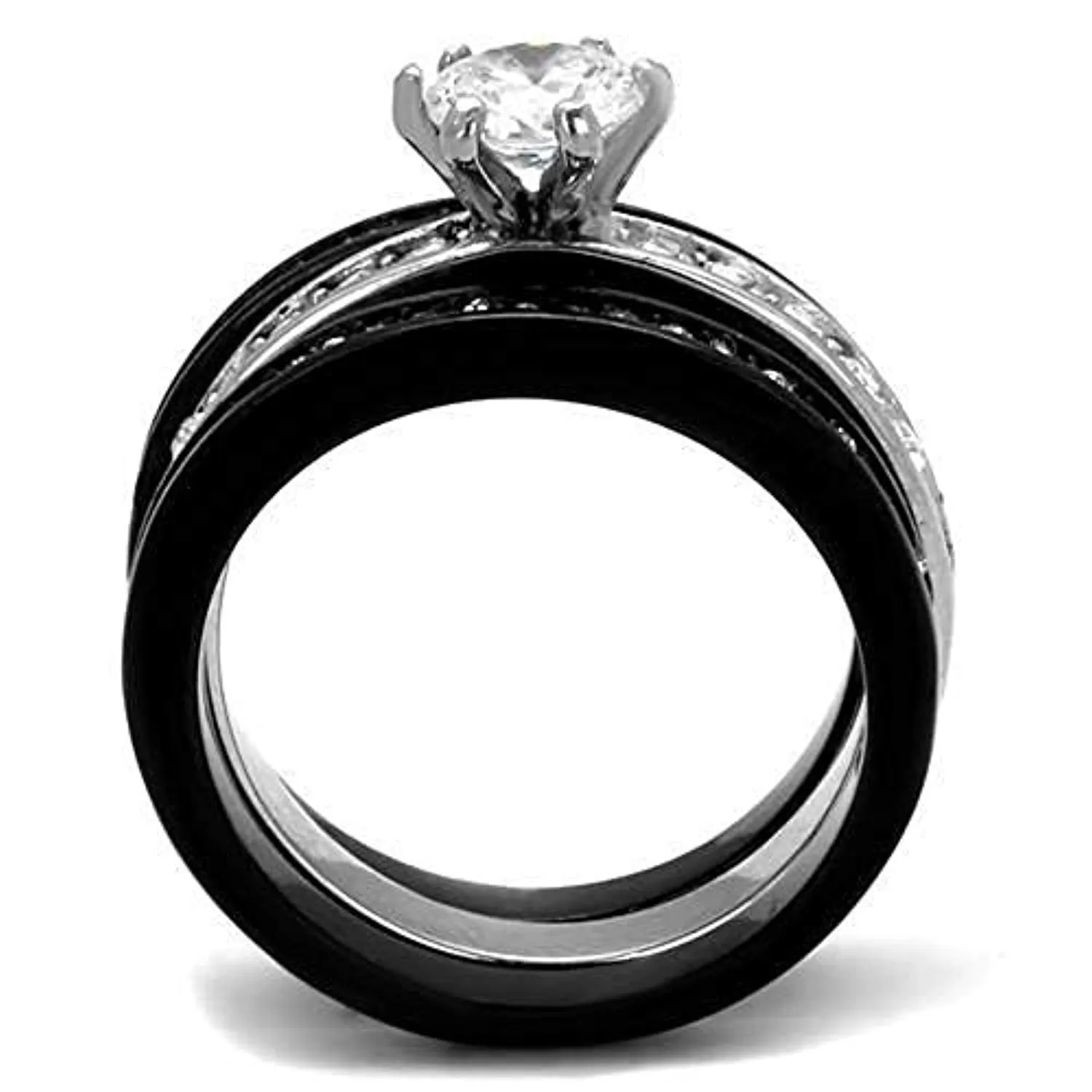 WildKlass Stainless Steel Ring Two-Tone IP Black Women AAA Grade CZ Clear