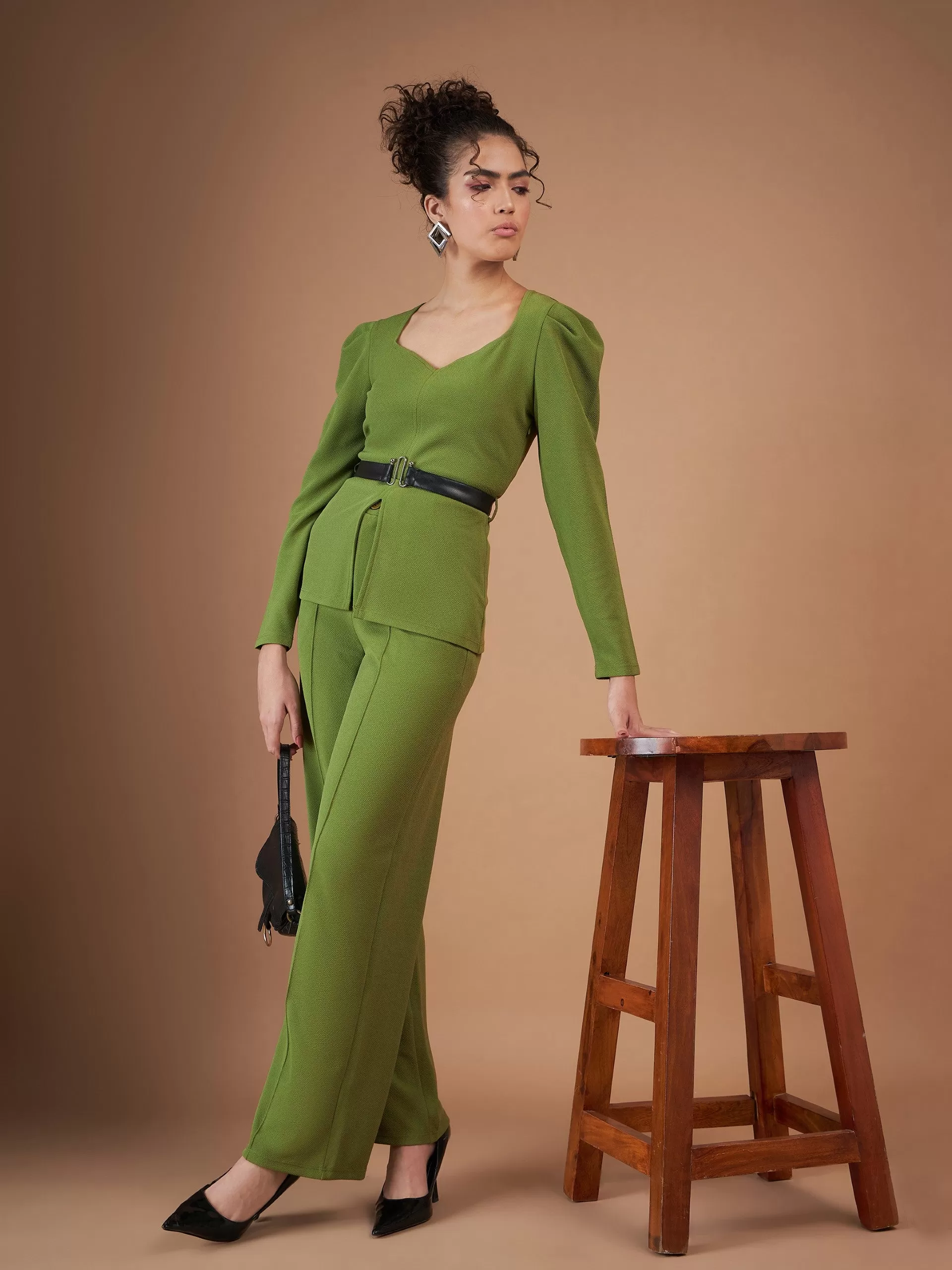 Women Green Belted Peplum Top With Darted Straight Pants