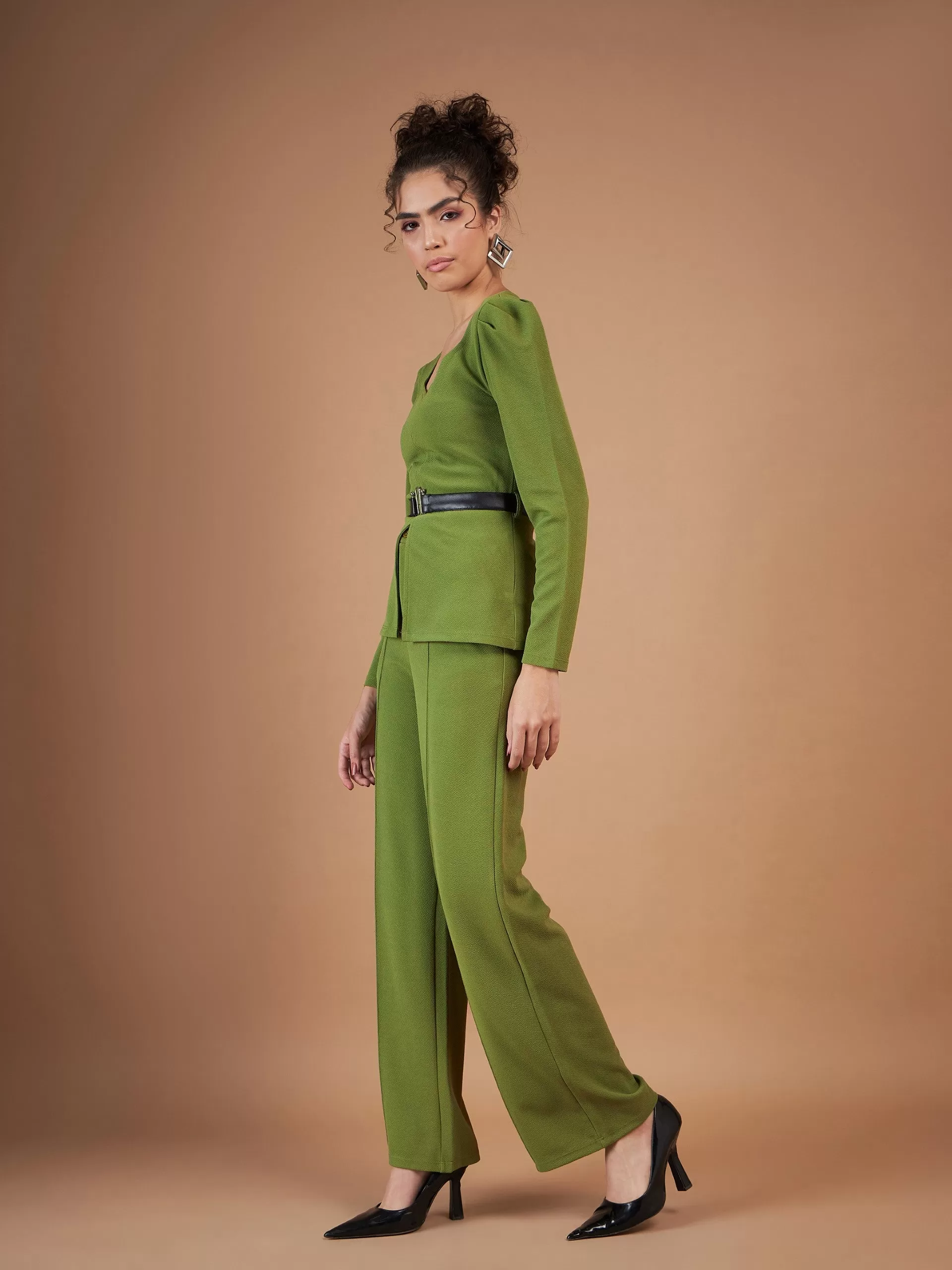 Women Green Belted Peplum Top With Darted Straight Pants