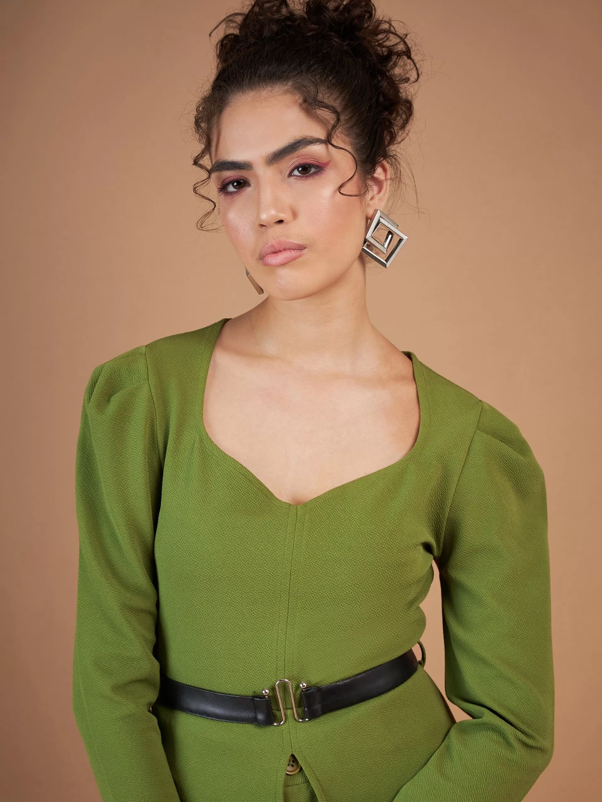 Women Green Belted Peplum Top With Darted Straight Pants