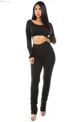 Women's Crop Top And Pants Set Black